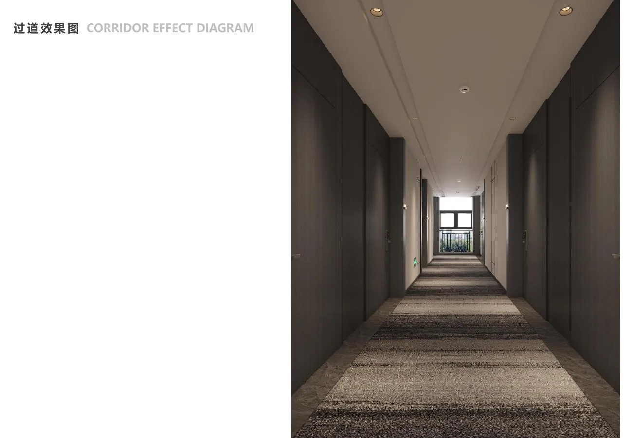 Hotel guest-floor corridor proposal in dark finishes