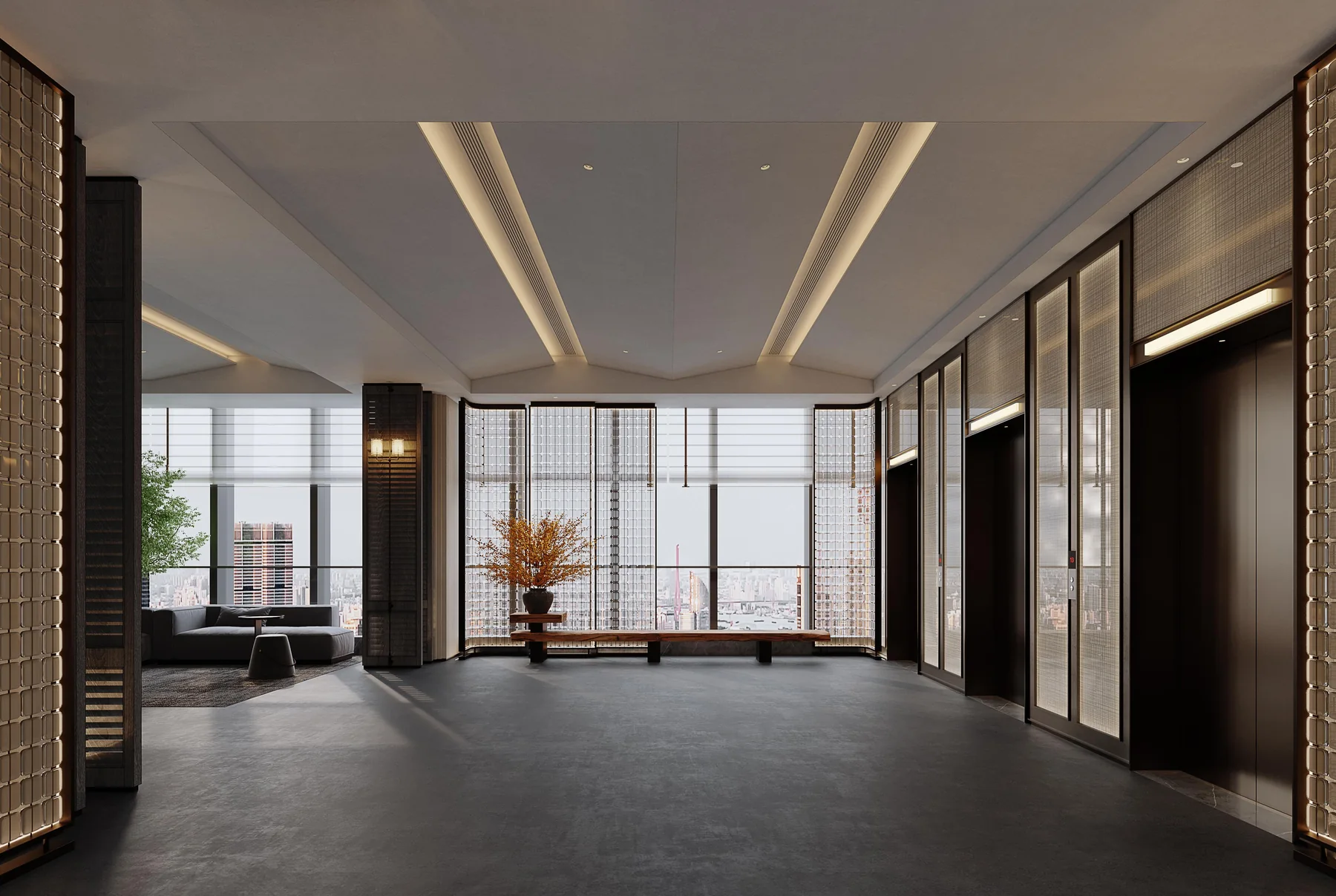 Hotel lift lobby with dark timber screens and warm lighting