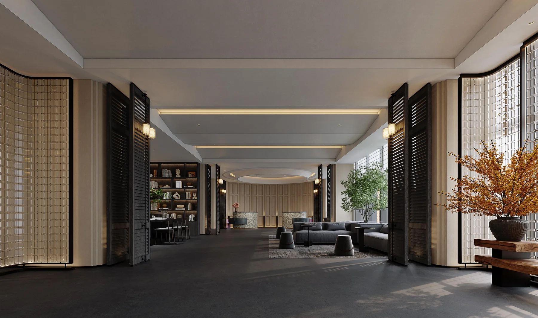 Hotel lobby with lounge seating and reception area