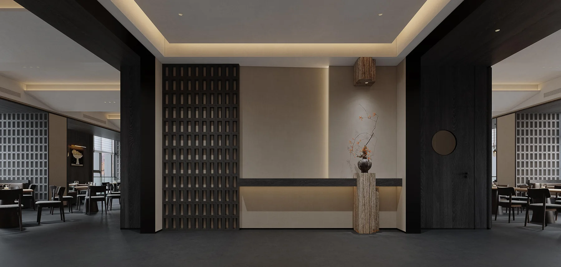 Hotel restaurant with dark timber and warm ambient lighting