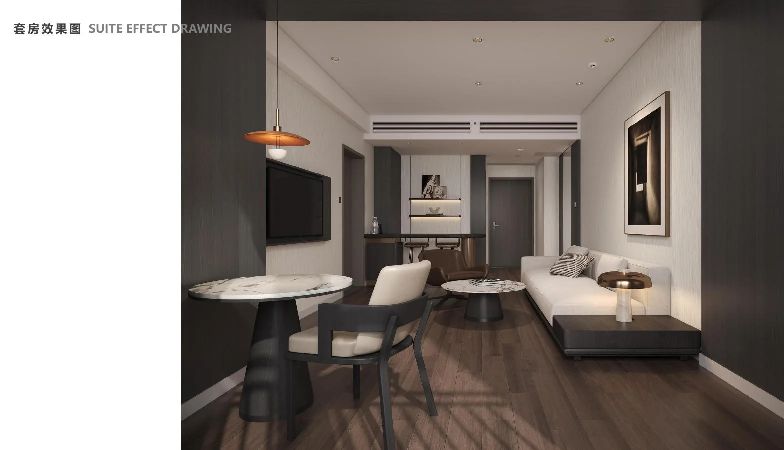 Hotel suite proposal with living dining and sleeping zones