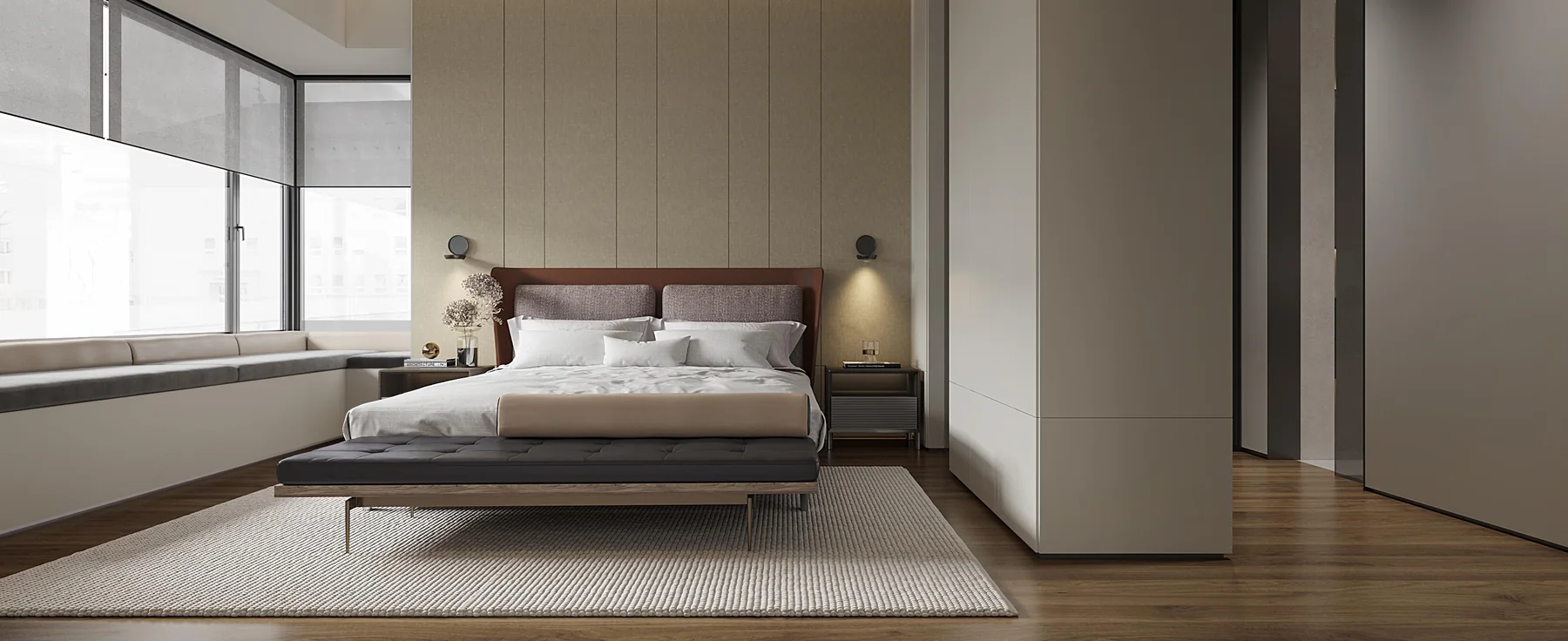 Contemporary master bedroom with soft neutral finishes