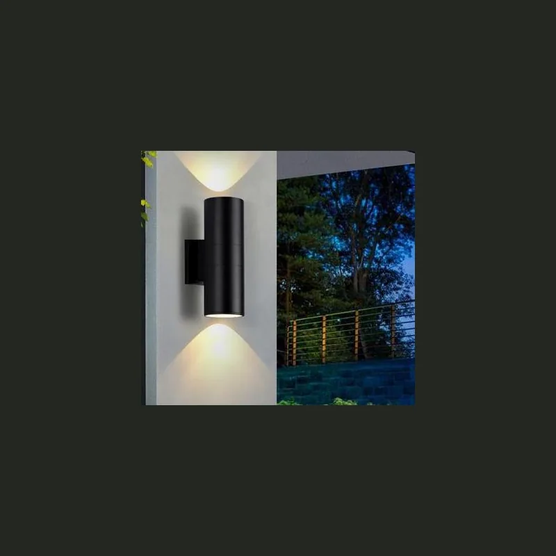 Black exterior wall light with upward and downward illumination
