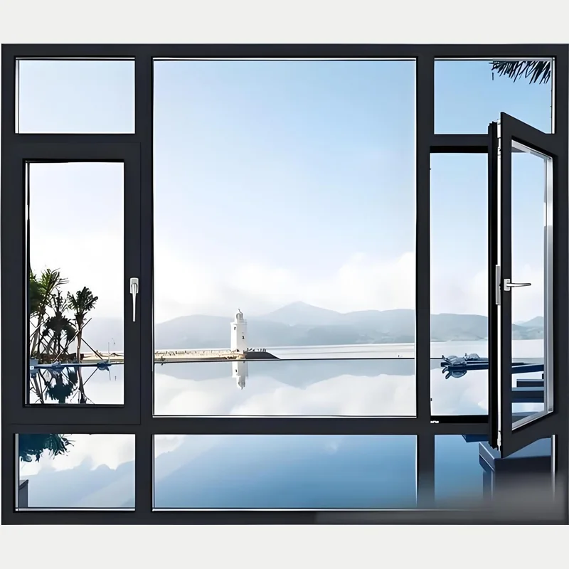Black framed system window overlooking a waterfront