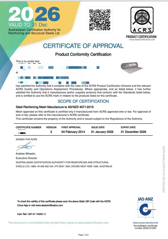 ACRS Product Certification, AS/NZS 4671:2019 (page 1)