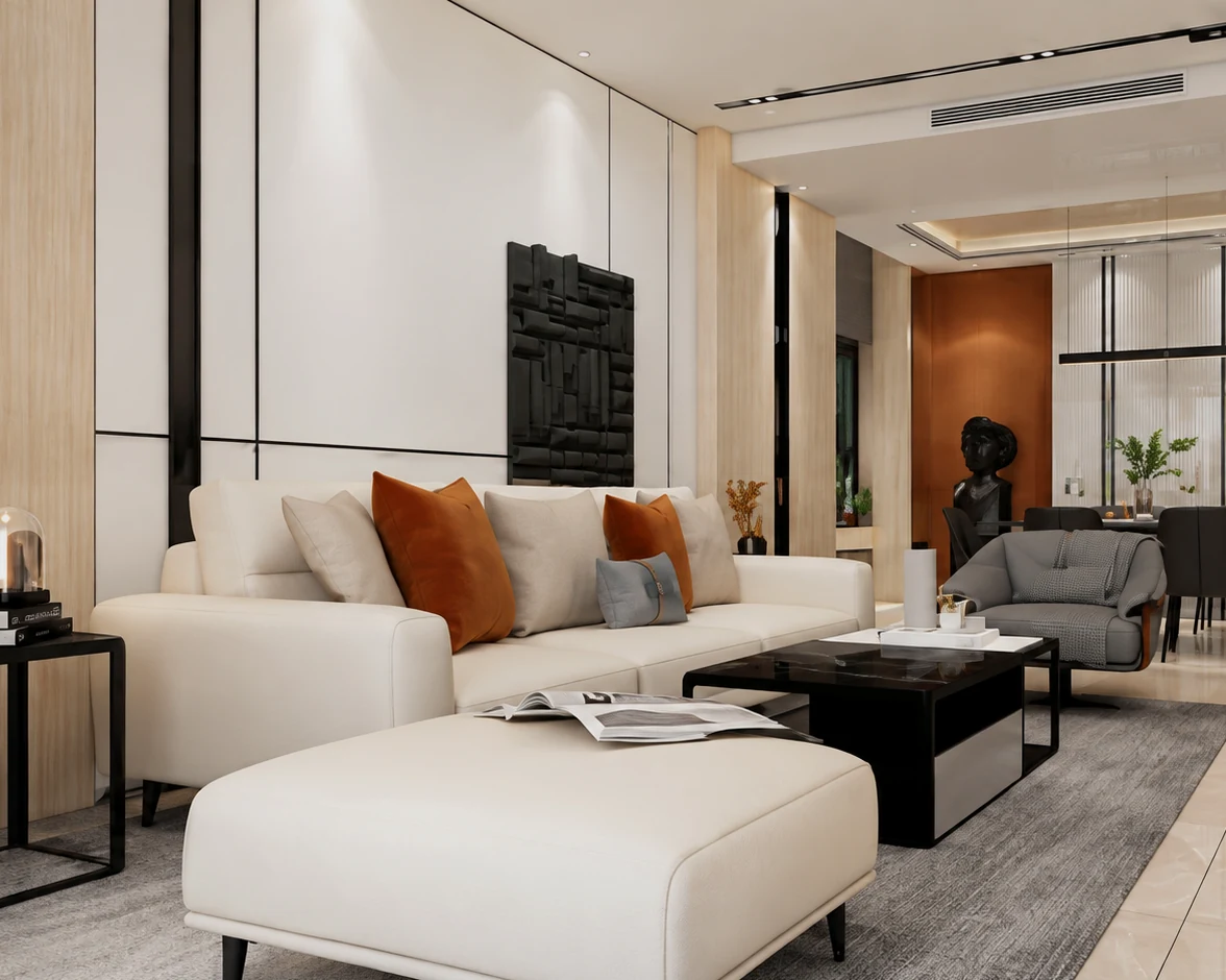 Contemporary furniture arranged in a finished interior