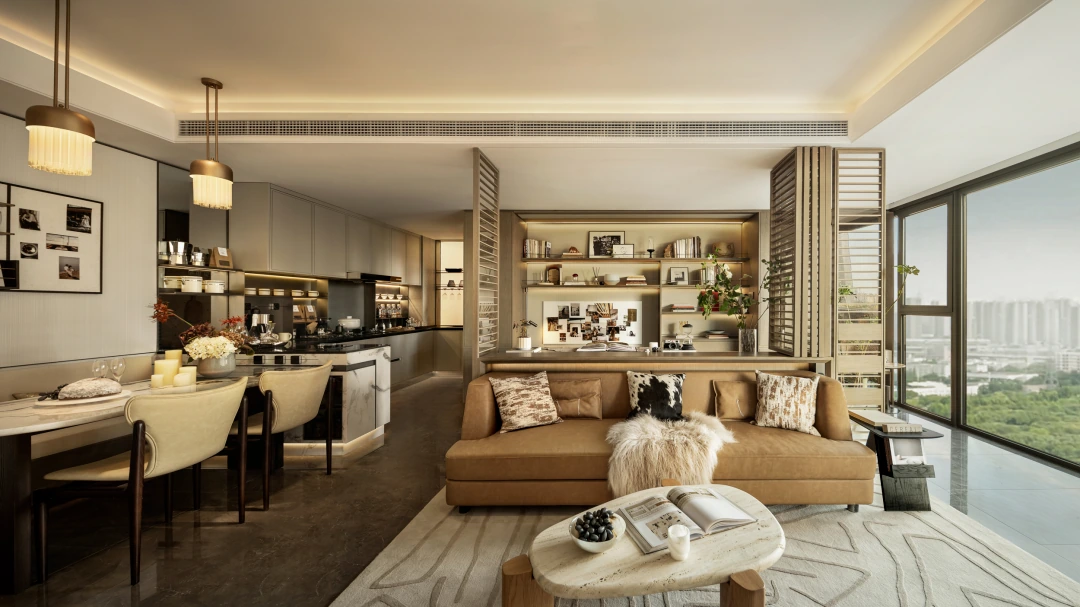 Open-plan residential interior showing living, dining and kitchen coordination