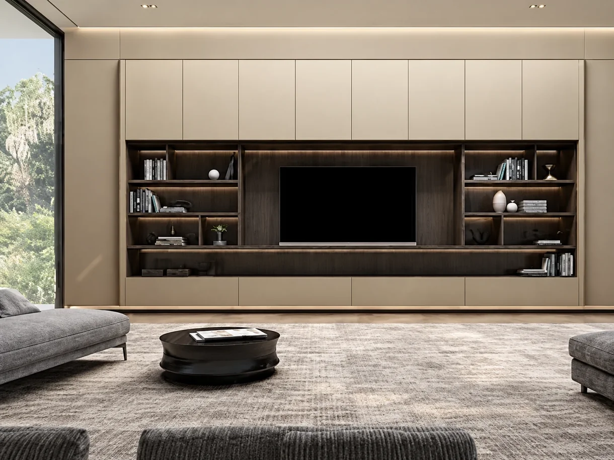 Custom living room wall system with integrated cabinetry and shelving