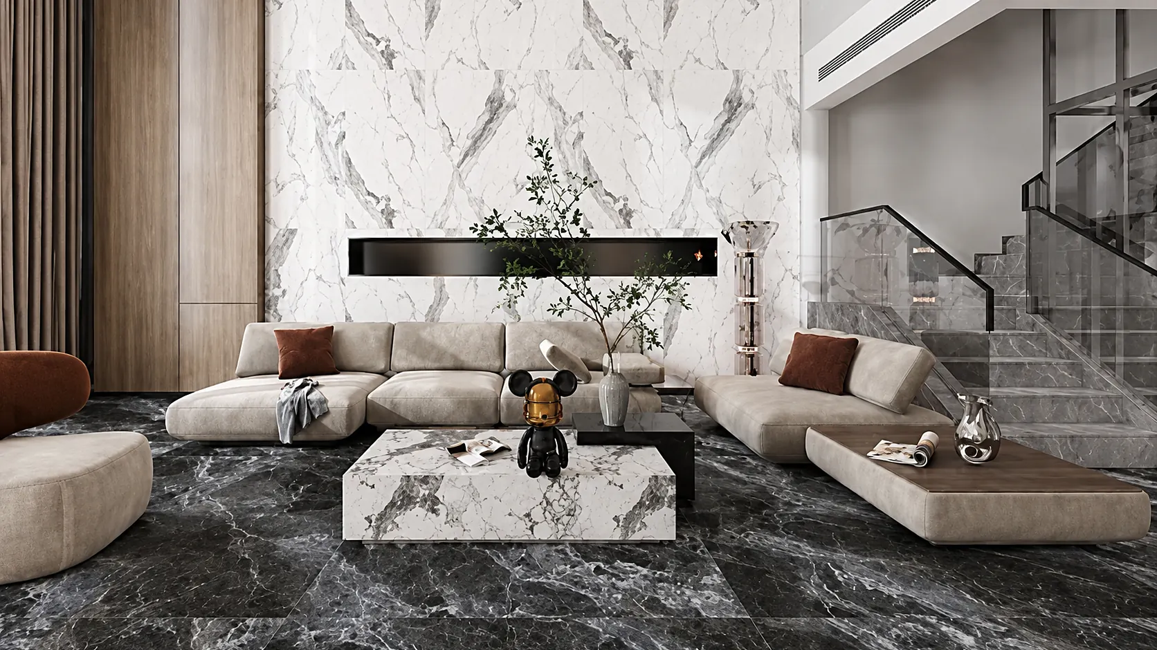 Marble feature wall and stone flooring in a living space