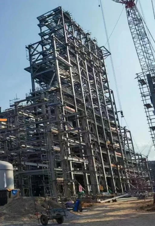 Steel structure under erection on a project site
