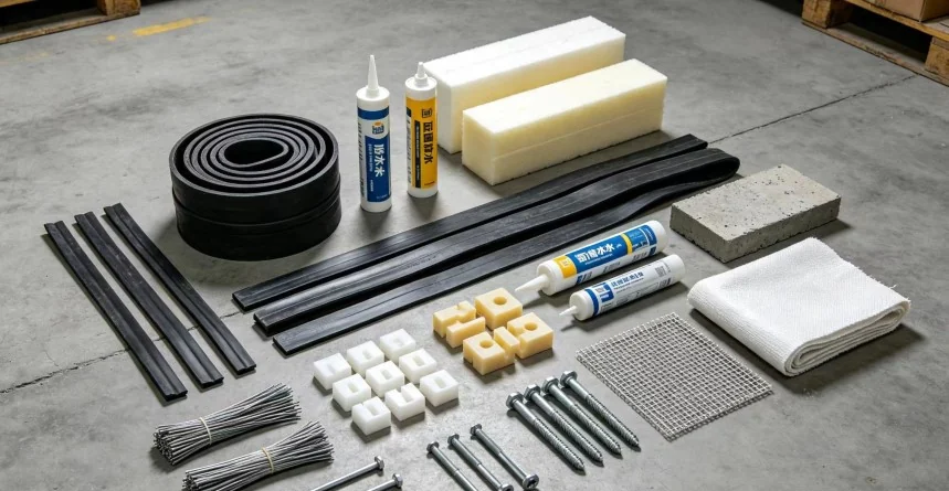 Sundry construction materials laid out: sealants, insulation, fixings and waterproofing