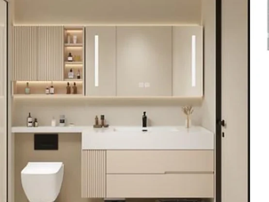 Bathroom vanity with basin and wall-hung WC
