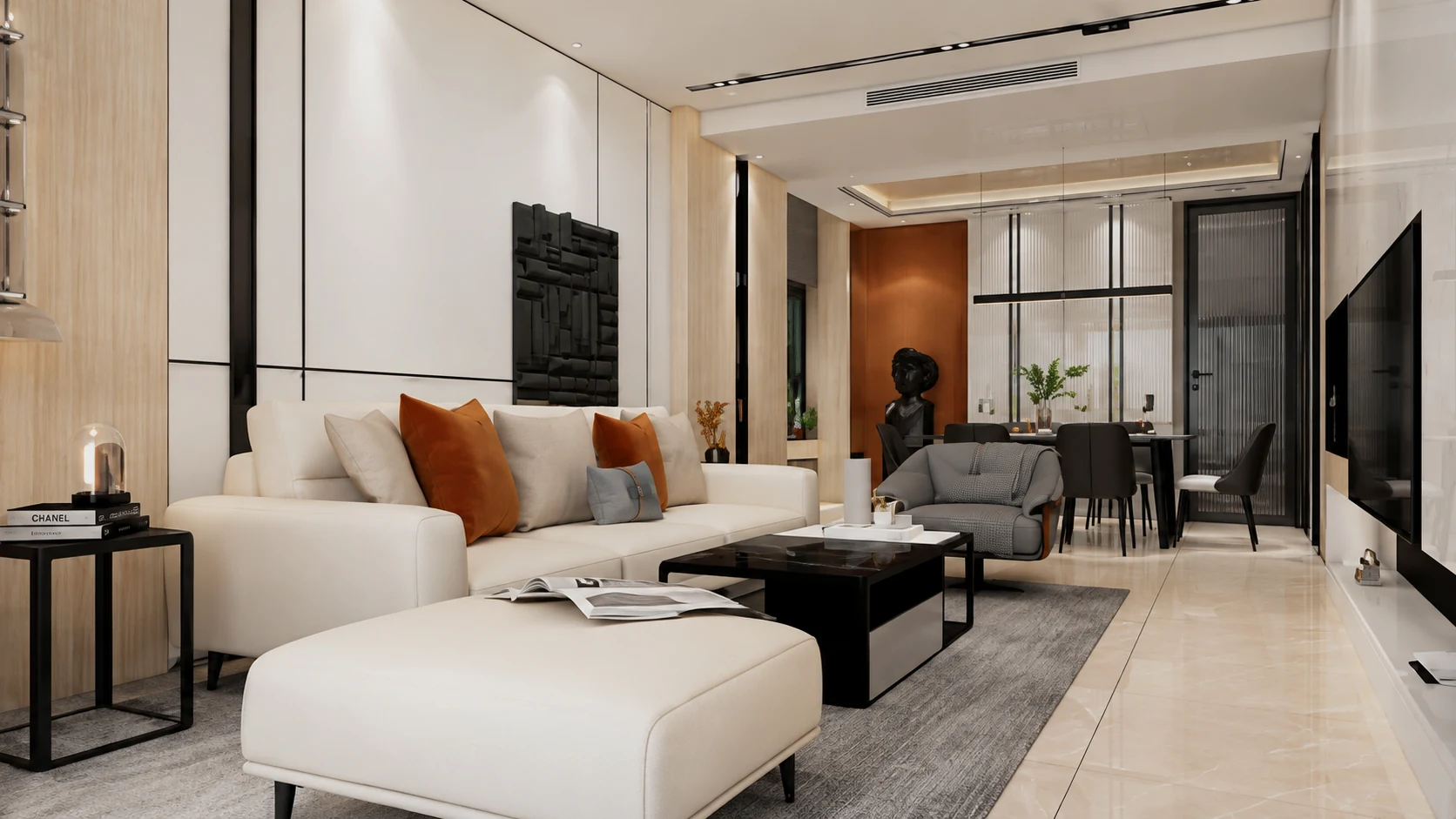 Living and dining space with sofa and wood partition