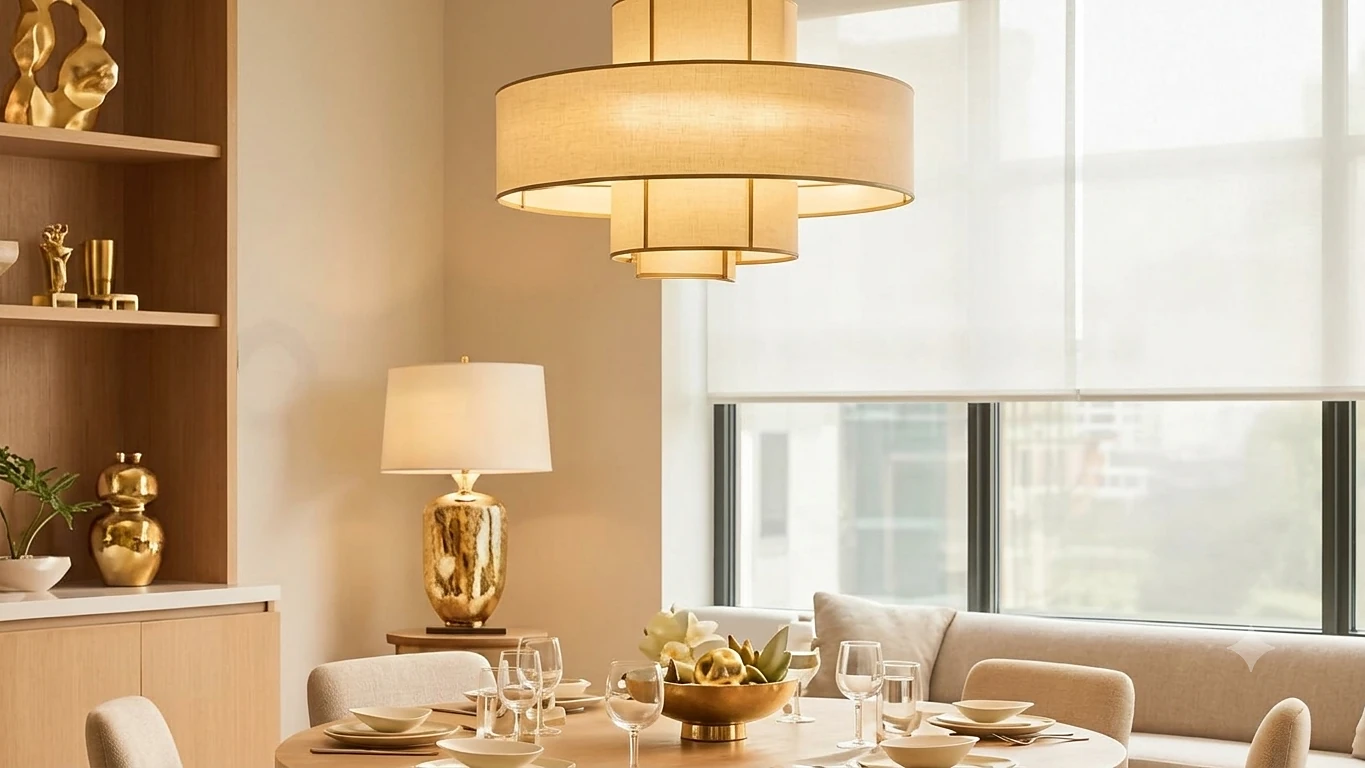Warm interior lit by pendant and table lamps