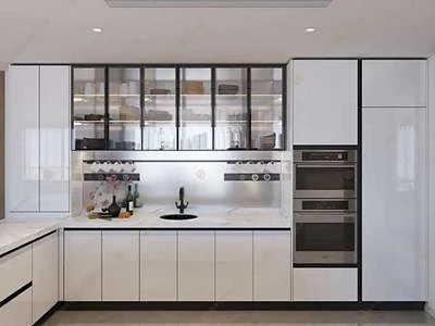 Fitted kitchen with tall cabinetry and built-in appliances