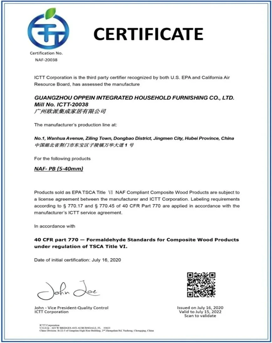 Formaldehyde emission certificate, 40 CFR Part 770 (TSCA Title VI)