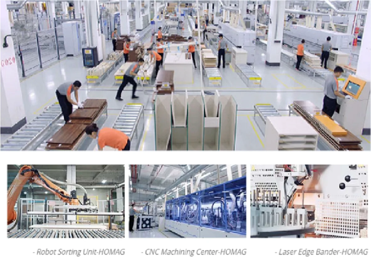 Automated panel production line: robot sorting, CNC machining, laser edge banding